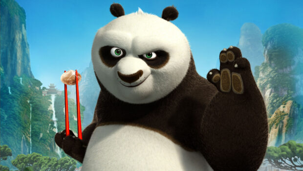 Po from Kung Fu Panda 3 is holding dumplings with a scenic mountain background, HD Desktop Wallpaper