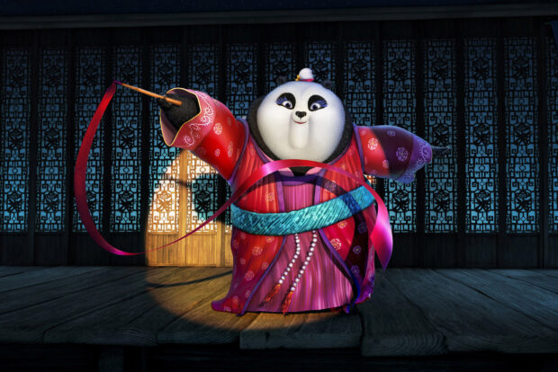 The Kung Fu Panda 3 character is performing with a ribbon inside a decorated room, HD Desktop Wallpaper