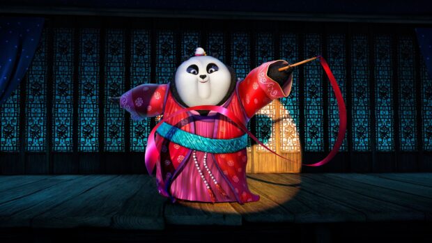 A Kung Fu Panda 3 character performs a ribbon dance in a decorated room, 2K Desktop Wallpaper