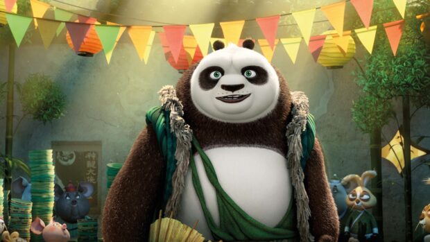 Po the panda stands smiling with colorful flags in the background, 4K Desktop Wallpaper