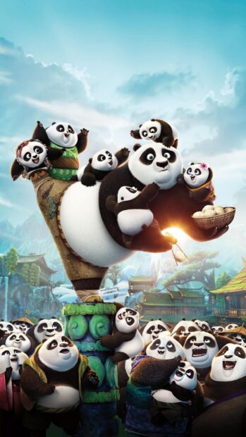 The Kung Fu Panda 3 characters are joyfully gathered in a lively scene, 2K Phone Wallpaper
