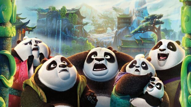 The Kung Fu Panda 3 characters are gathered with surprised expressions in a mountain village, 2K Desktop Wallpaper