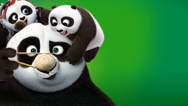 Po and baby panda playing with chopsticks on green, HD Desktop Wallpaper