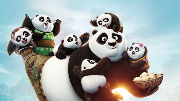 A joyful scene featuring Kung Fu Panda 3 characters with family and dumplings, 4K Desktop Wallpaper