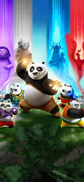 The Kung Fu Panda 3 characters prepare for battle with colorful spirit animals behind them, 2K Mobile Wallpaper