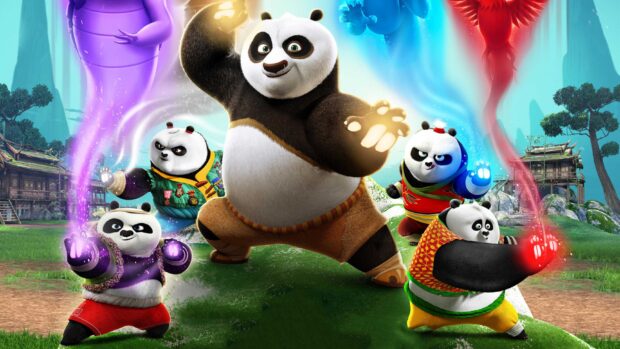 The Kung Fu Panda 3 characters stand ready in a vibrant scene with magical energy around them, 2K Desktop Wallpaper