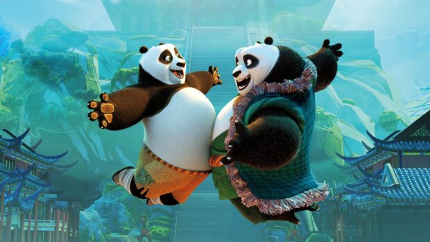 Two kung fu pandas celebrate together in front of ancient temple stairs, HD Desktop Wallpaper