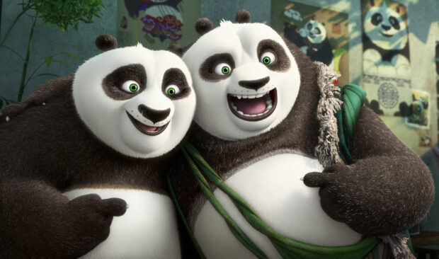 The image shows two Kung Fu Panda 3 characters smiling together happily, 2K Desktop Wallpaper