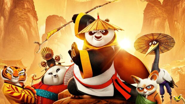 Kung Fu Panda 3 characters gather in a heroic fighting stance at sunset, 2K Desktop Wallpaper