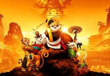 Kung fu panda characters in a vibrant, animated scene with a large dragon in the background and traditional Chinese architecture.