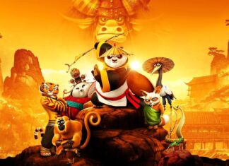 Kung fu panda characters in a vibrant, animated scene with a large dragon in the background and traditional Chinese architecture.