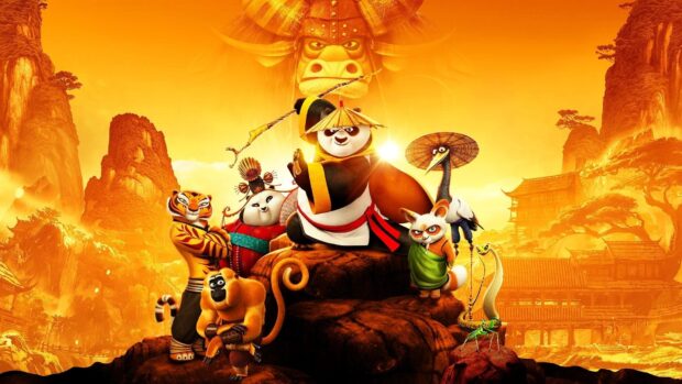 The Kung Fu Panda 3 characters stand together on rocks with a bright sunset background, HD Desktop Wallpaper