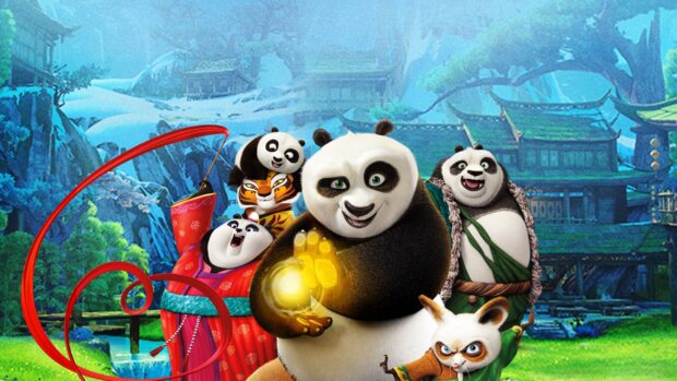 The Kung Fu Panda 3 characters are preparing for battle in a vibrant mountain village, 2K Desktop Wallpaper