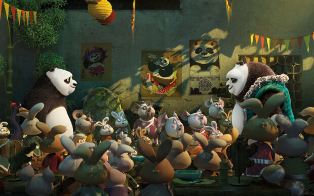 The Kung Fu Panda 3 characters gather in a room with rabbits and pigs during a discussion, 2K Desktop Wallpaper