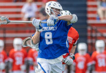 Lacrosse player in blue uniform with helmet and gloves during game on field.