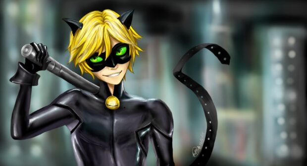 Cat Noir character with green eyes and black suit holding a baton in a city setting