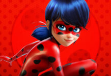 A close up of ladybug character from ladybug and cat noir in a red suit with black spots on a red background