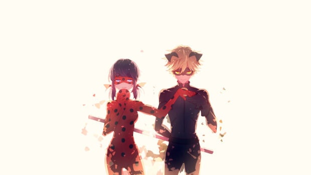 Ladybug and Cat Noir characters standing together in detailed costumes with vibrant colors