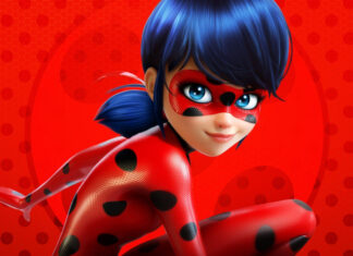 A close up of ladybug character from ladybug and cat noir in a red suit with black spots on a red background