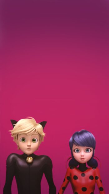 Ladybug and Cat Noir characters standing together against a pink background in a stylized scene