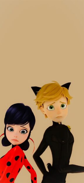 Ladybug and Cat Noir characters standing together looking concerned in the wallpaper