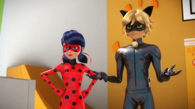 Ladybug and Cat Noir characters standing together in a bright room from Ladybug and Cat Noir