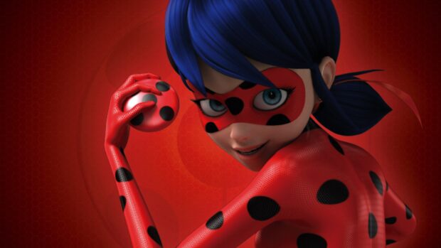 Ladybug and Cat Noir holding a red and black spotted object in a red costume