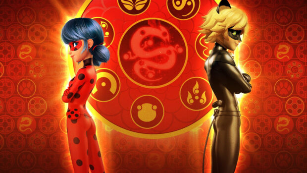 Ladybug and Cat Noir standing back to back in front of a fiery red decorative circle design