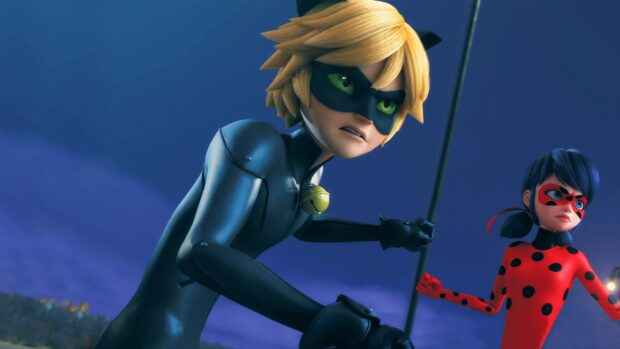 Cat Noir and Ladybug in action preparing to fight in a night city scene