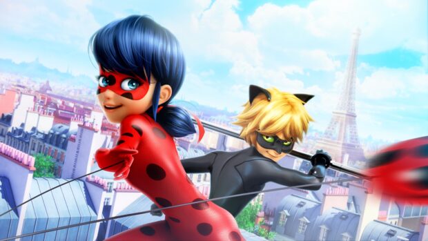 Ladybug and Cat Noir swinging through Paris rooftops with the Eiffel Tower in the background