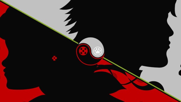 Silhouettes of Ladybug and Cat Noir facing opposite directions with yin yang symbol in the center