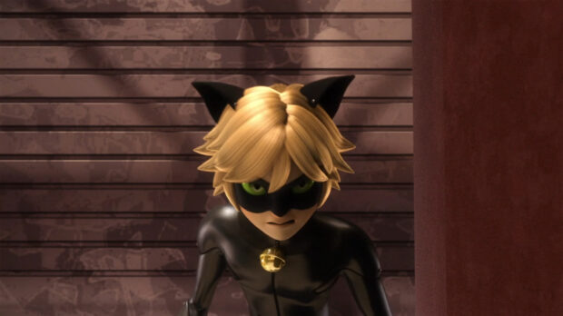 Cat Noir character from Miraculous Ladybug wearing black suit and mask in intense stance
