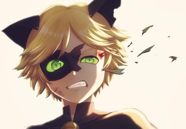 Cat Noir face with torn mask and fierce expression in an intense digital art scene
