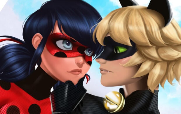 Close up of Ladybug and Cat Noir in vivid detail showing their costumes and expressions