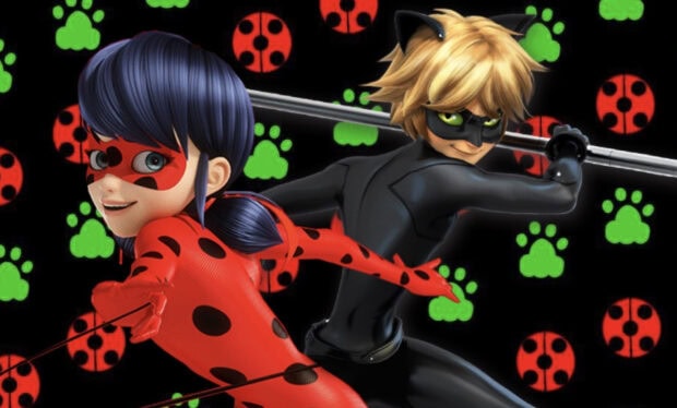 Ladybug And Cat Noir characters posing heroically with action stances and vibrant backgrounds