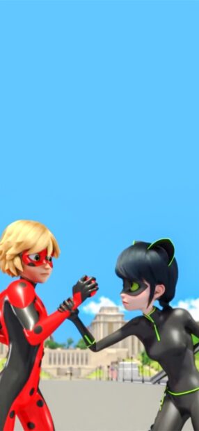 Ladybug and Cat Noir characters shake hands in a bright outdoor scene