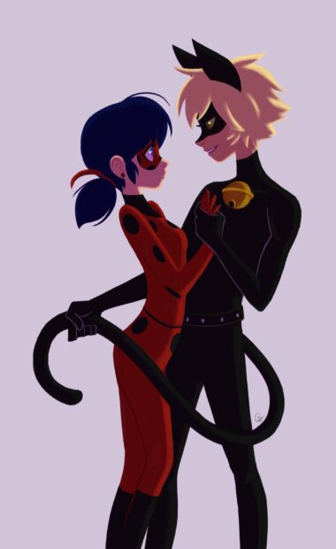 Ladybug and Cat Noir characters sharing a moment in a close embrace