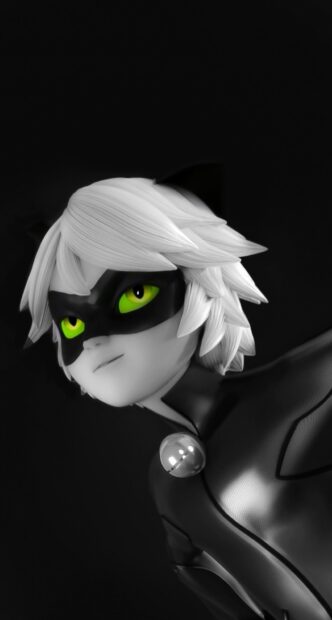 Cat Noir with bright green eyes and white hair in a black suit