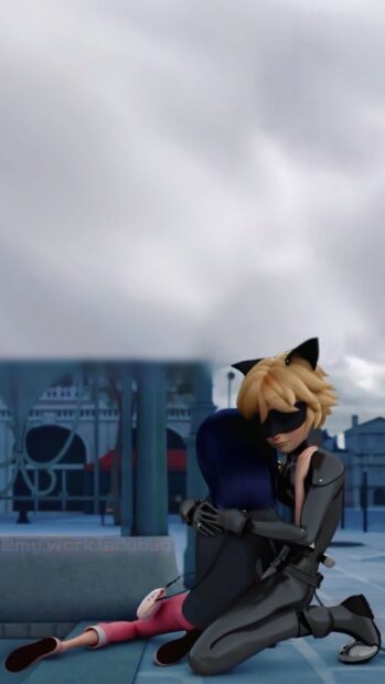 Cat Noir hugging Ladybug in a heartfelt moment on a city street at night