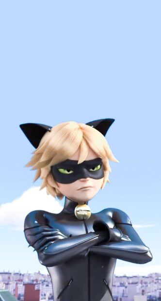 Cat Noir stands confidently with crossed arms in his black suit and mask