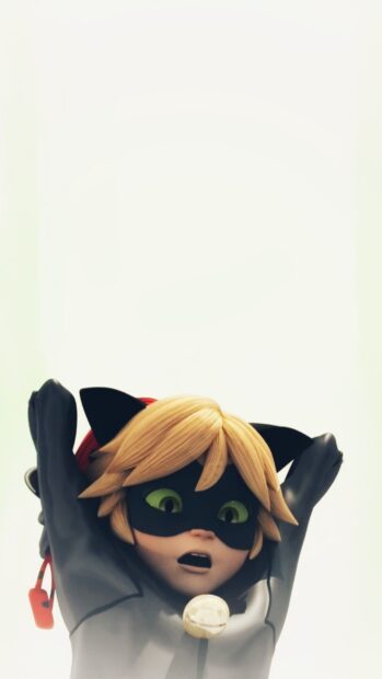 Cat Noir character with blonde hair and black mask looking surprised with arms raised