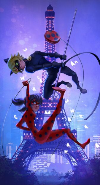 Ladybug and Cat Noir swinging in front of the Eiffel Tower in a vibrant cityscape at night