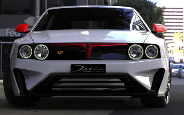 A white Lancia Delta concept car with distinctive headlights and red accents on the grille, HD Desktop Wallpaper