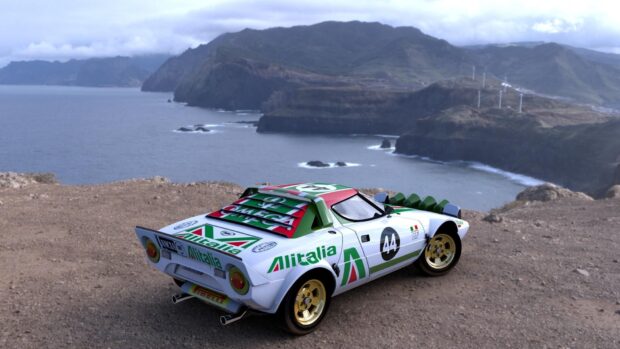 A Lancia car with Alitalia racing graphics is parked on a cliff overlooking the ocean, HD Desktop Wallpaper