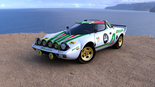 A Lancia rally car is parked on a dirt road with the sea and mountains in the background, HD Desktop Wallpaper