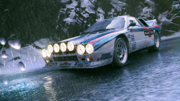 A Lancia rally car races through rain on a mountainous road with wet conditions, HD Desktop Wallpaper