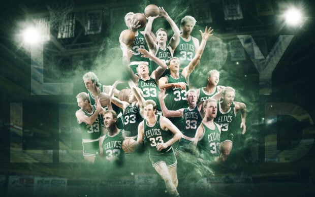 Larry Bird wearing Celtics jersey in multiple basketball plays, 2K Desktop Wallpaper