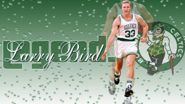 Larry Bird runs on the court wearing a Celtics jersey with the team logo in the background, HD Desktop Wallpaper