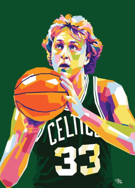 A colorful geometric design of Larry Bird aiming a basketball shot wearing a Celtics jersey, HD Mobile Wallpaper