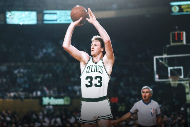 Larry Bird wallpapers show him aiming for a shot on the court, HD Desktop Wallpaper